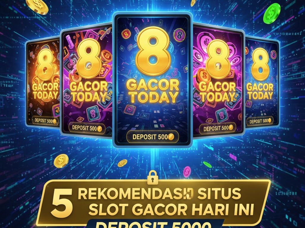 5 Rekomendasi Situs Slot Gacor Hari Ini Deposit 5000 dengan visual emas elegan dan angka 8 keberuntungan.
