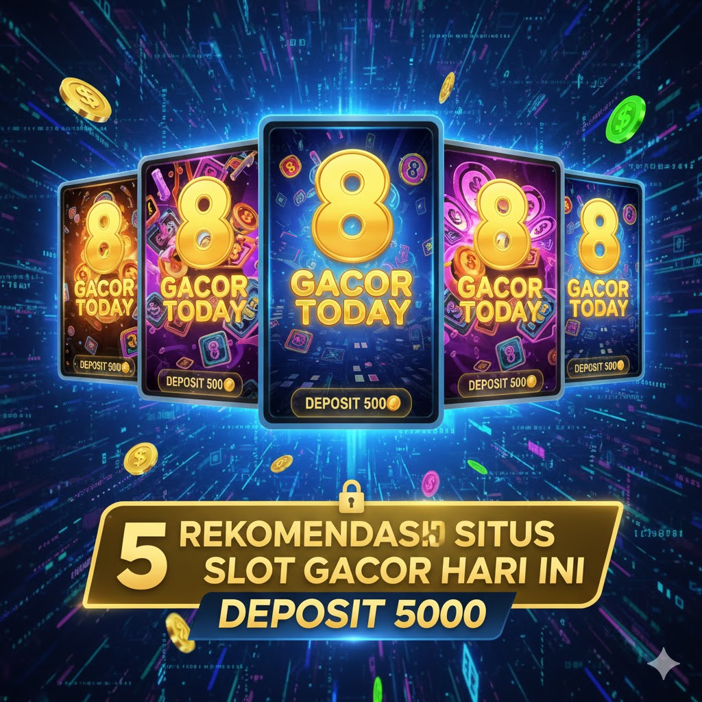 5 Rekomendasi Situs Slot Gacor Hari Ini Deposit 5000 dengan visual emas elegan dan angka 8 keberuntungan.
